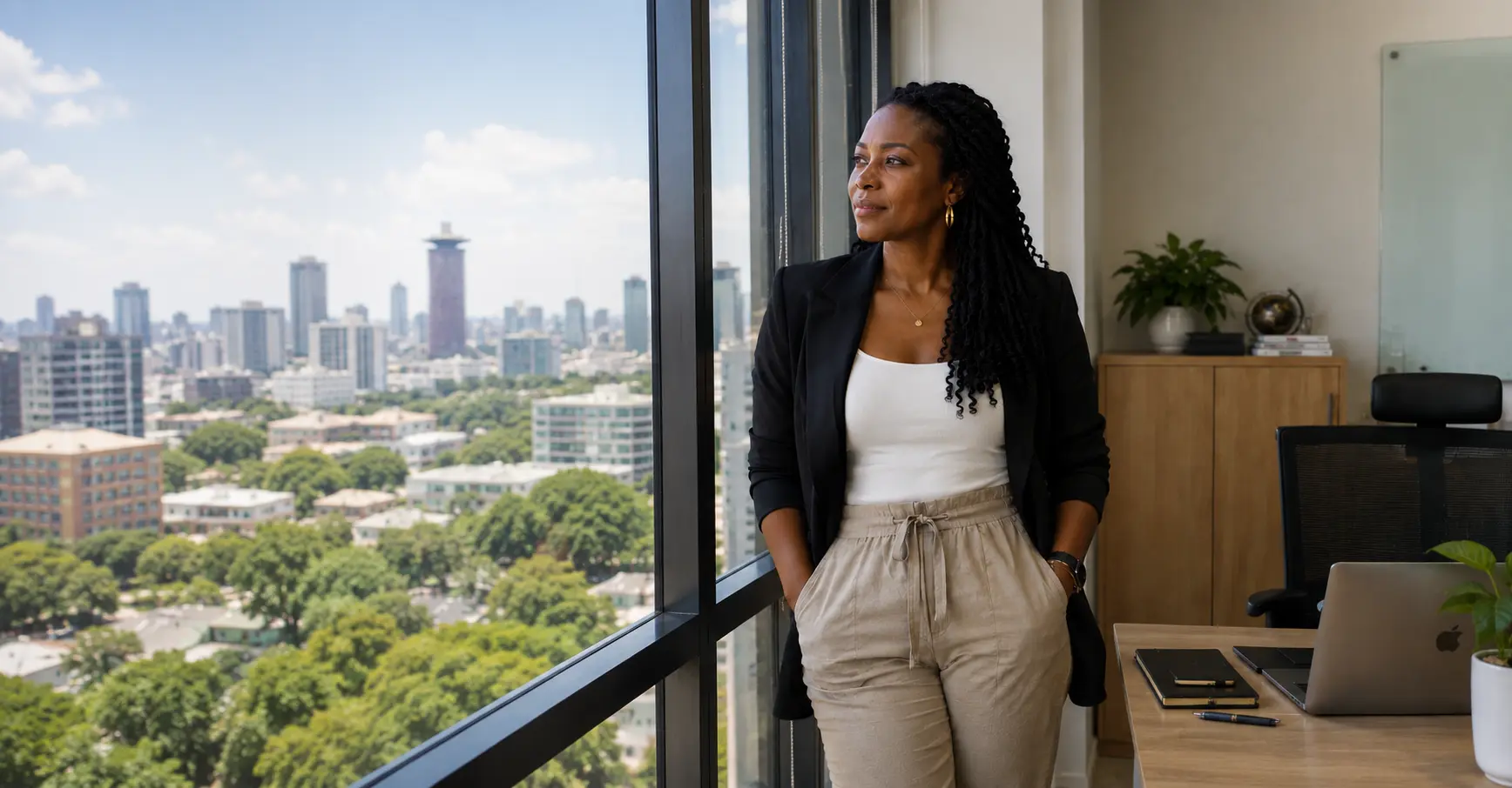A founder looking out over the city from an office window